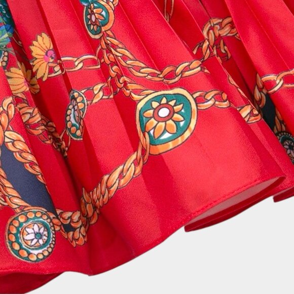 Luxury Elegant Midi Dress Red Red Floral & Chain Print SZ S M Tall Pleated Skirt - Picture 7 of 9